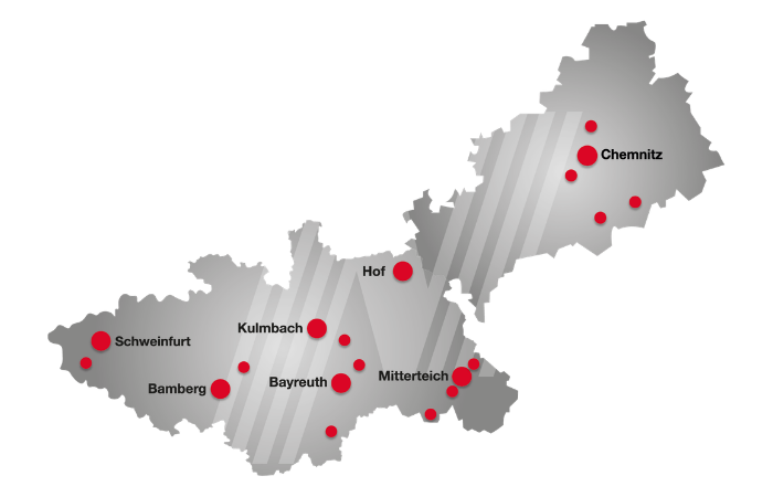 Karte von Nordbayern und Teil Sachsens mit den Standorten von Motor-Nützel
